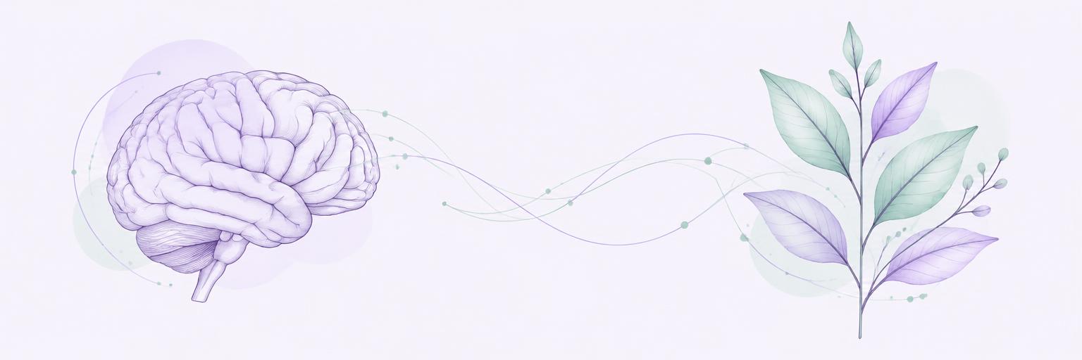 A purple illustrated brain connected by flowing lines to mint and lavender botanical leaves